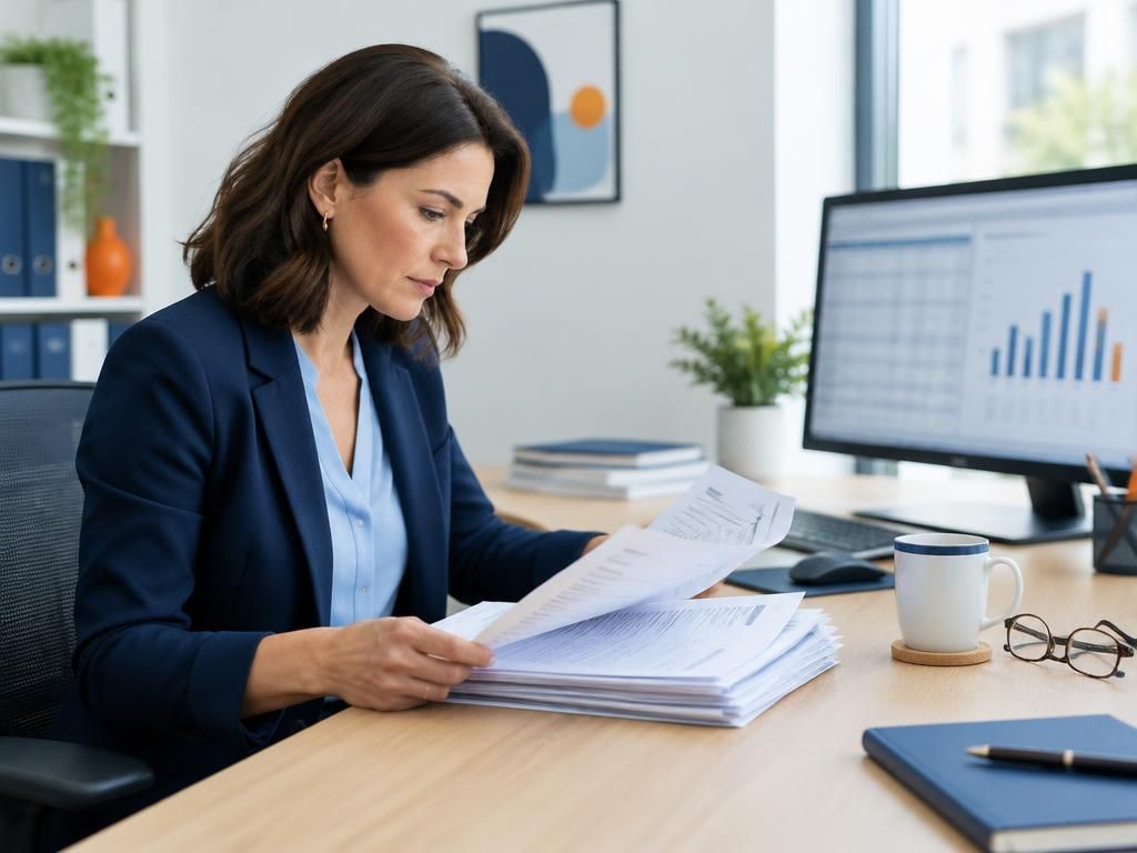 A finance lead reviewing a stack of supplier invoices