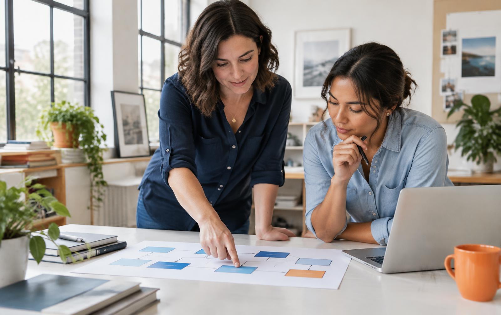 Two business leaders mapping an AI workflow on paper at a bright studio table